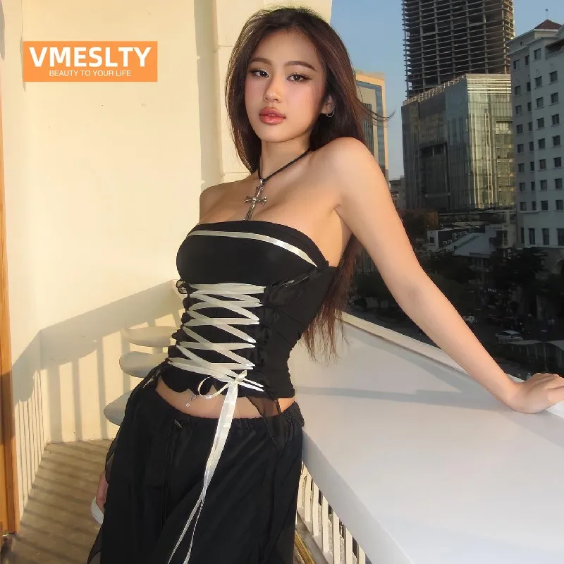 

VMESLTY Cross-lace Shoulders Slim Bandeau Vest Female Pure Lust Tank Top Women