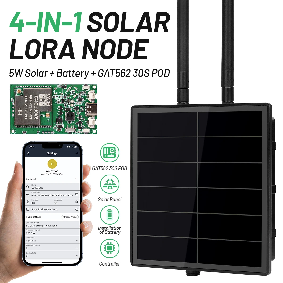 Фото Солнечный LoRa-ретранслятор D5L-G1 со встроенной платой 30dBi GAT562 30S, комплект для прошивки Meshcore Meshtastic Node №1