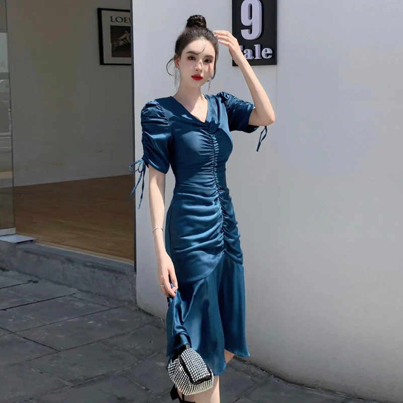 

Синие элегантные платья для женщин 2022 модный сексуальный костюм женское платье со складками и шнуровкой Женская юбка с V-образным вырезом шикарная одежда