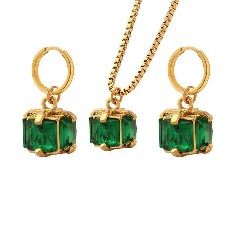 

Dainty Cube Emerald Earring Necklace Set Trendy Elegant Gold Plated Green Crystal Hoop Earrings And Pendant Necklace Jewelry