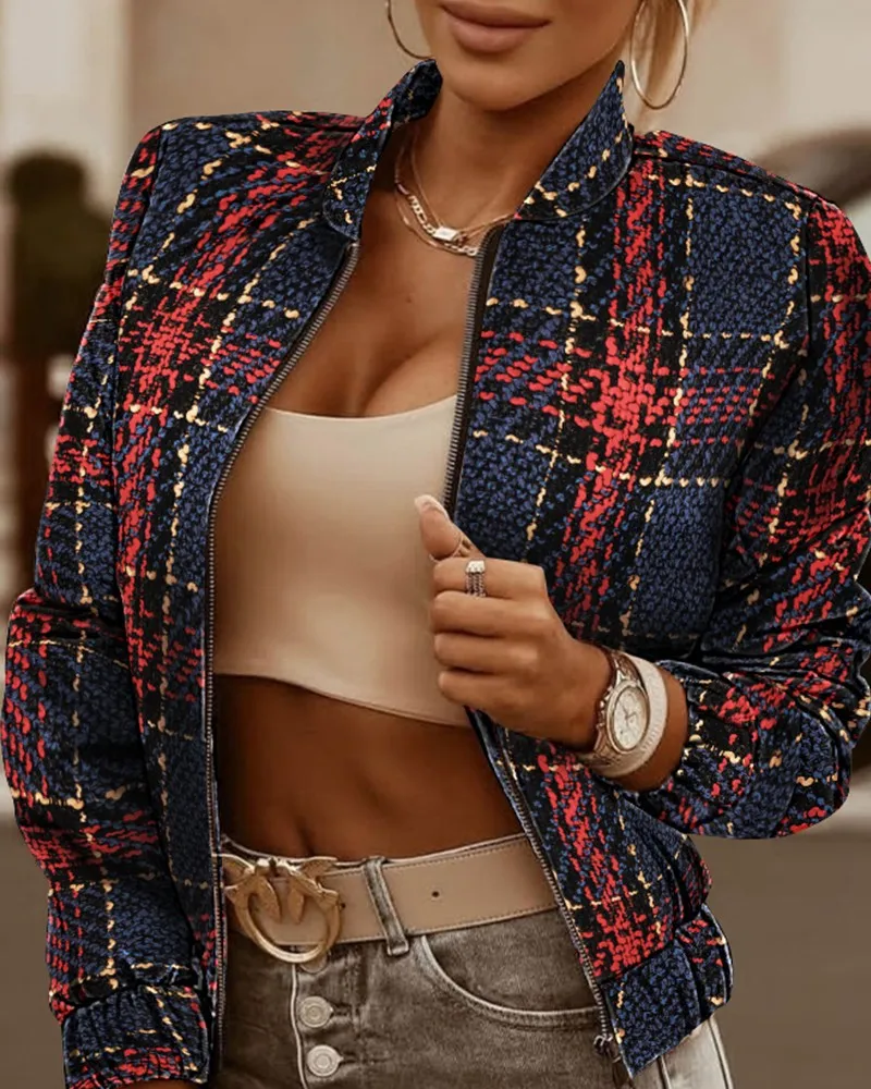 

Goth Women Jacket Zipper Decorative Long Sleeve Cardigan Small Jackets Plaid Printed Stand Collar Fall Clothes for Women Coats