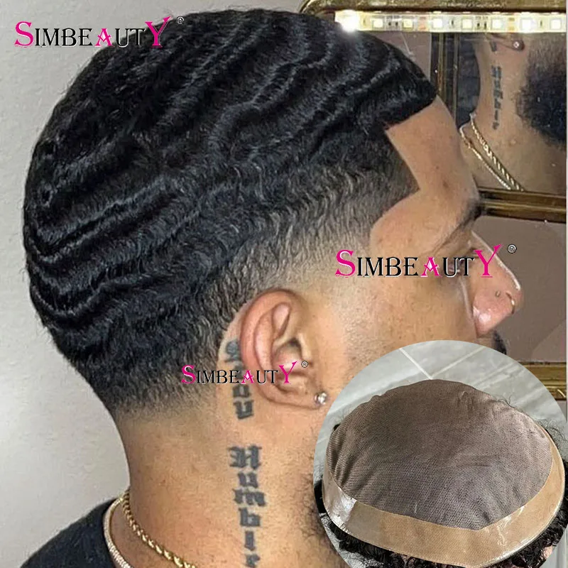 Прочный тонкий моно-кружевной и полиуретановый мужской парик 10 мм 360 волнистые