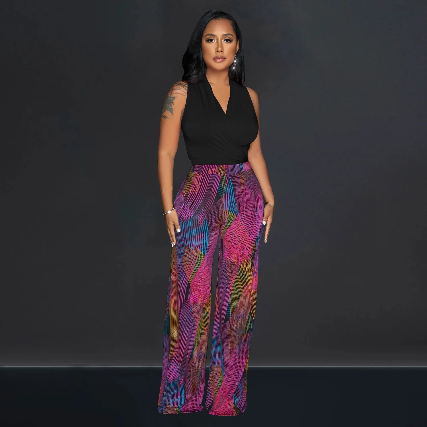 

Sexy Wrap V-neck Tie Up Tank Top and Galaxy Striped Wide Leg Pants Two 2 Piece Sets Club Outfits for Women's Birthday Tracksuit