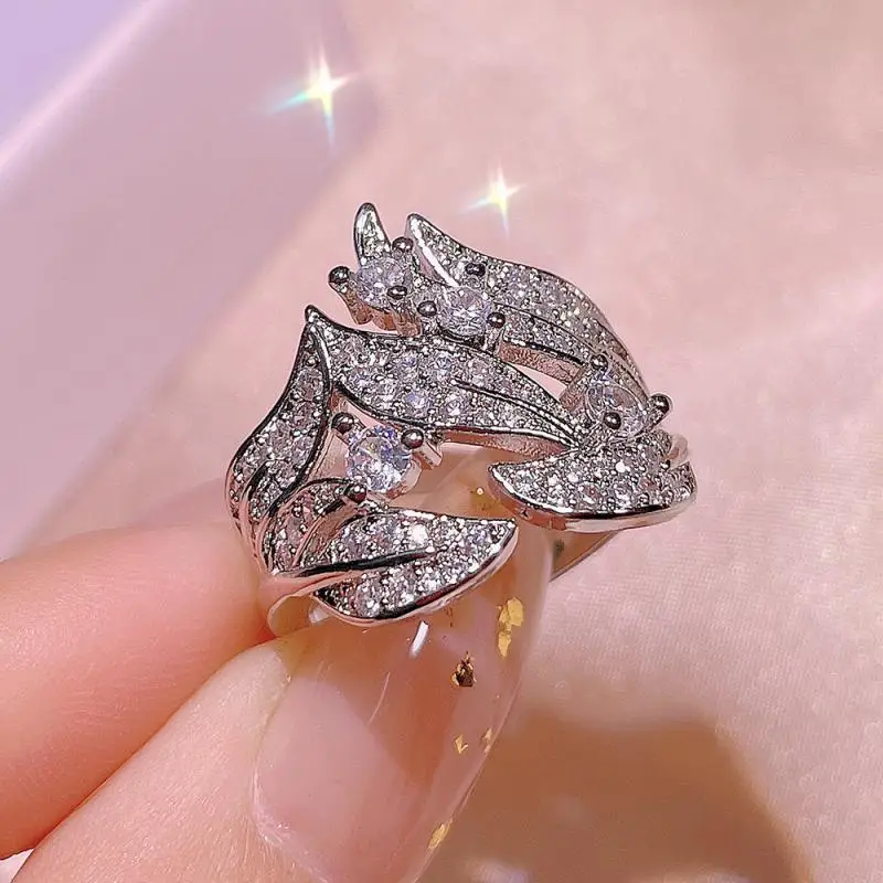 HOYON 2022 Trend new creative cocktail rings for women 925 silver color diamond-studded rice ear flower rattan ring jewelry box