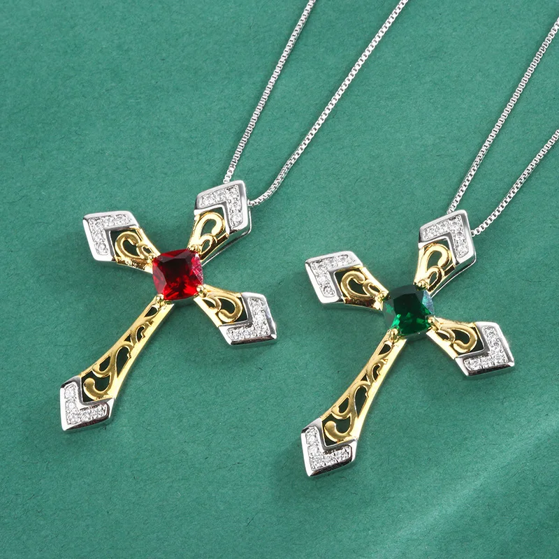 

Silver Choker Emerald Gemstone Retro Cross Paired Pendant Necklace Cubic Zircon Women Religious Jewelry Fashion Aesthetics Gift