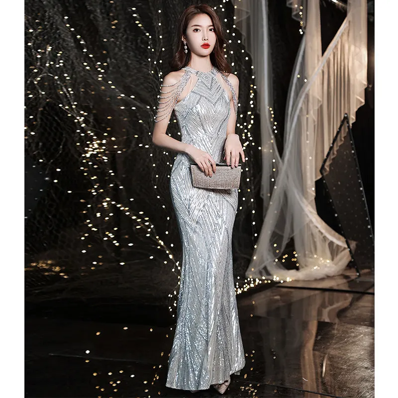 Sequin Dress High End Evening Dress Women 2022 New Temperament Host Champagne Heavy Industry Fishtail Long Style