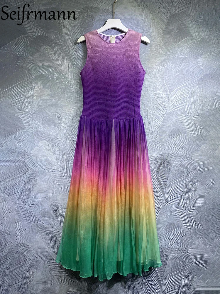

Seifrmann High Quality 2023 Summer Women Fashion Runway Big Swing Dress Elastic Multicolor Printed Ladies Real Silk Midi Dresses
