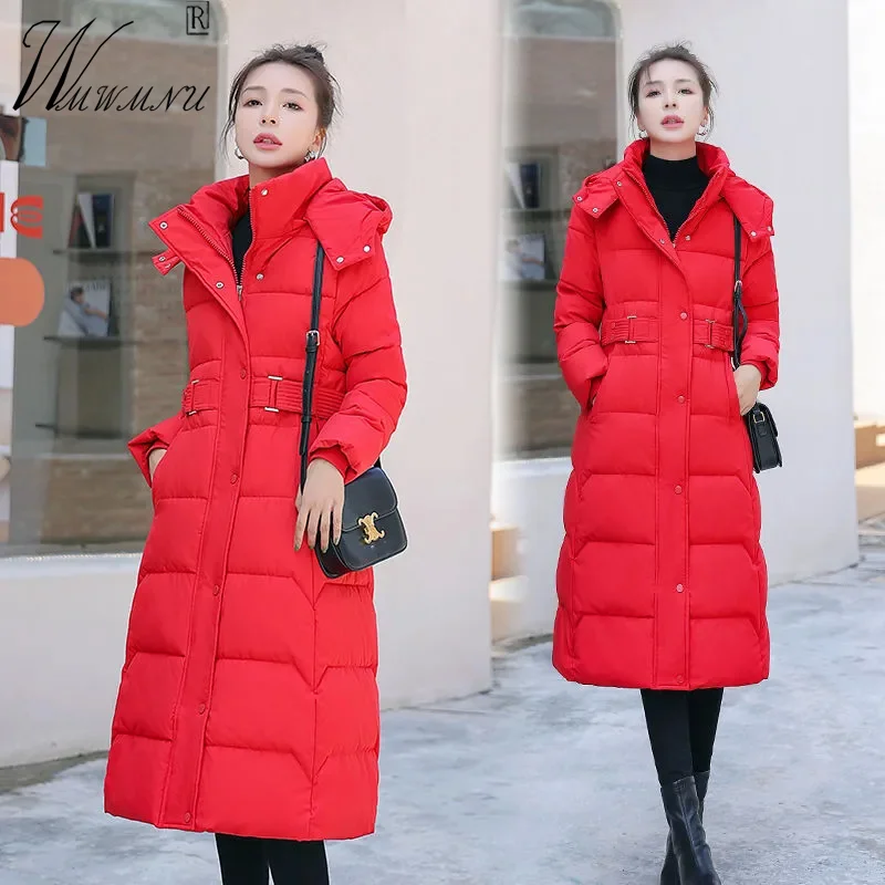 Long High Street Stand Collar Hooded Parkas Women Winter Slim Waist Red Cotton Jackets Windproof Snow Coat Warm Quilted Outwear