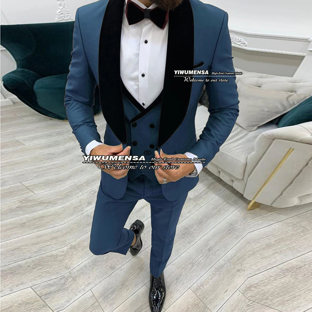 Мужской облегающий костюм для свадьбы черный бархатный пиджак с лацканами жилет