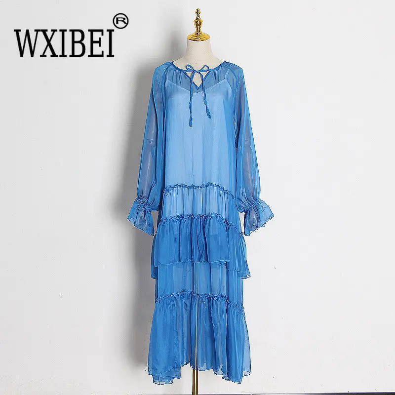 

WXIBEI Vintage Ruffles Splicing Vacation Long Dress For Women 2023 Summer New Loose V-neck Elegant Fashion Female Clothing FC491