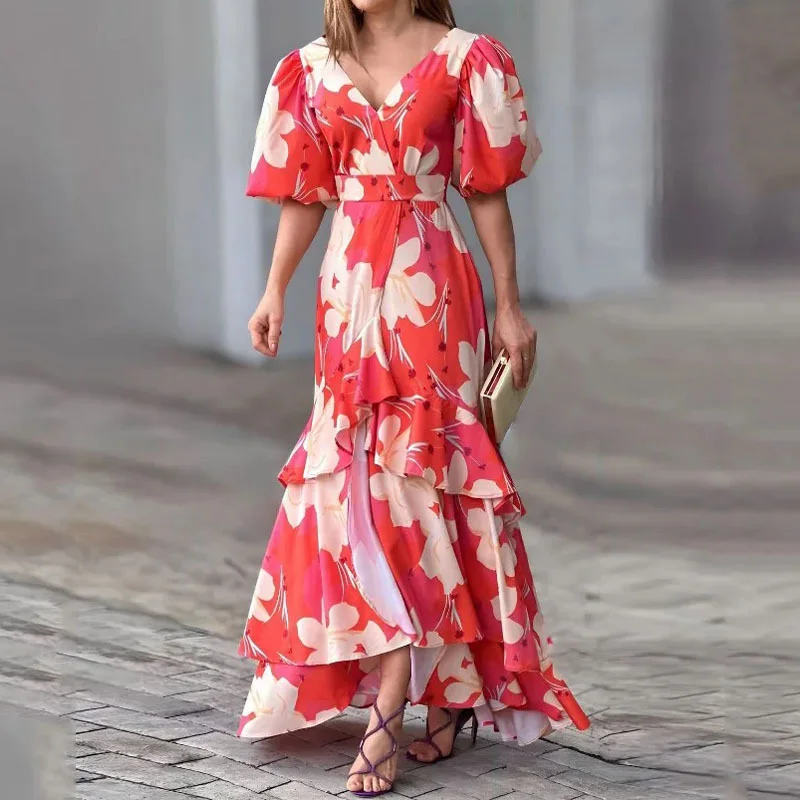 

Summer V-neck Slim Long Dress Chic Big Flora Print Bohe Loose Ruffles Dresses Elegant Ladies Short Sleeve Layered Party Dress