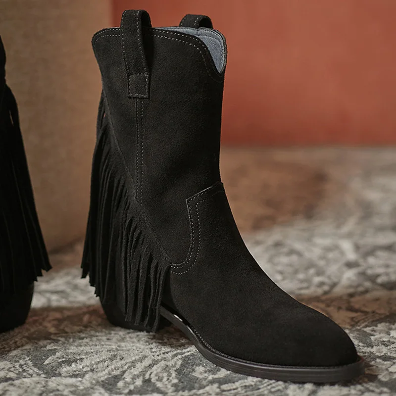 

Женские замшевые ботинки на платформе, Винтажные ботинки средней длины из матовой коровьей замши с бахромой и молнией сзади, на осень и зиму