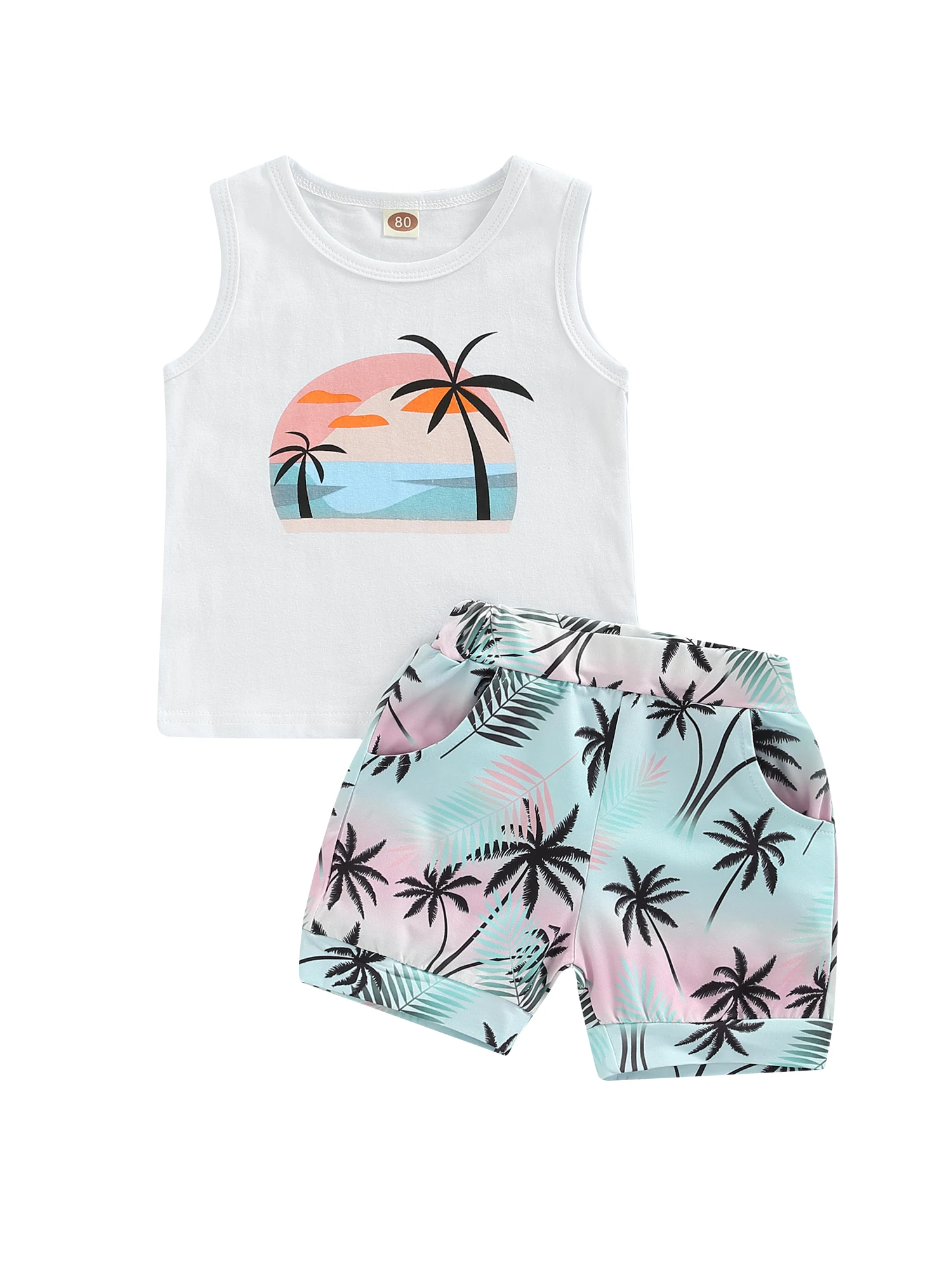 

Летний комплект из 2 предметов для маленьких мальчиков, жилет с коротким рукавом и круглым вырезом и надписью на дереве, с эластичным поясом