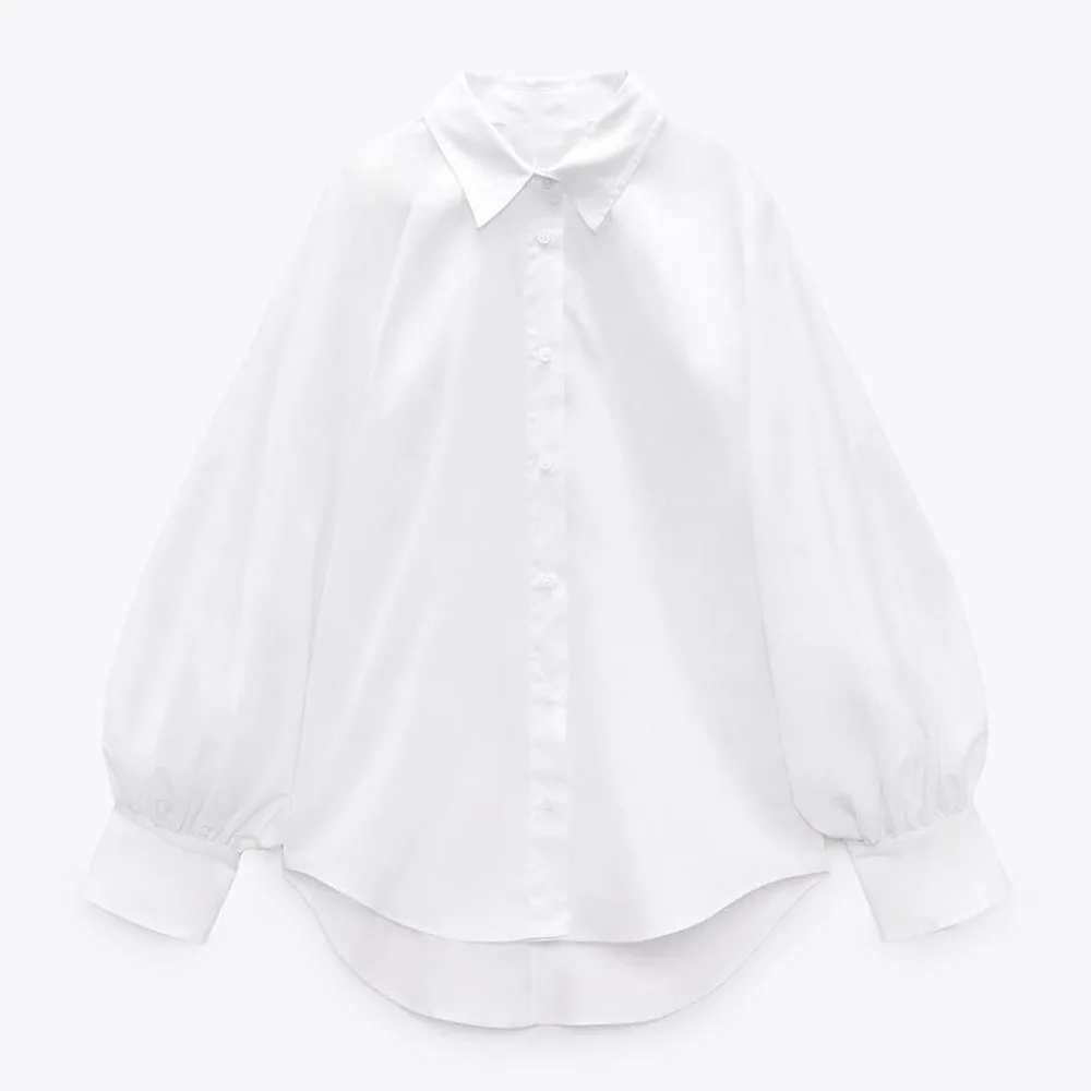 

DiYiG WOMAN spring 2022 new women's wear white comfortable loose all-match bubble sleeve breathable texture poplin shirt