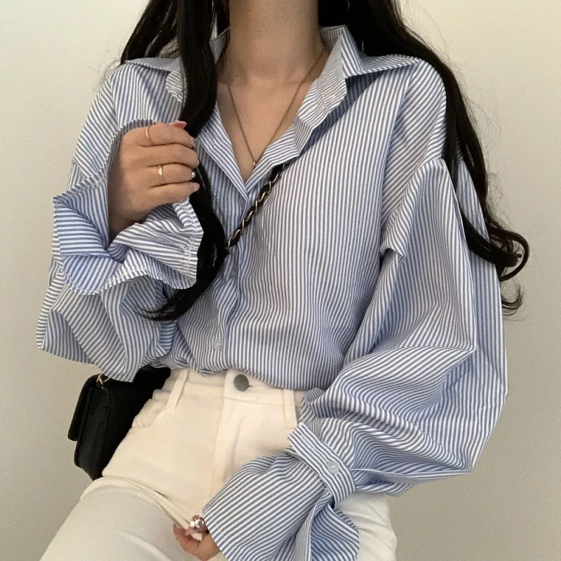 

Women Shirts Striped Loose Blouses Puff Sleeve Female Tops Loose 2023 Spring Autumn Fashion Clothes