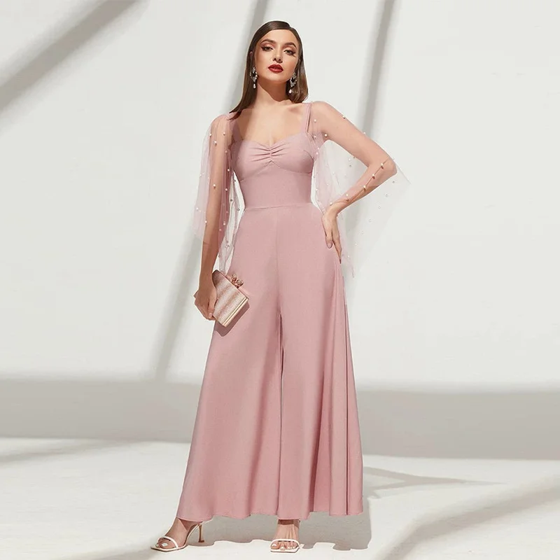 

Dressv Pink Tulle Flare Sleeve Waist Women's Mesh V-Neck Evening Dress New Women's Sweet Evening Dress Bridesmaid Dress
