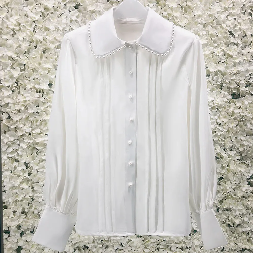 2022 Spring Sweet Women's High Quality Pearls Beading White Shirts C855