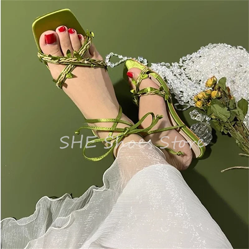 Женские сандалии с перекрестным ремешком зеленой виноградной лозы туфли-лодочки