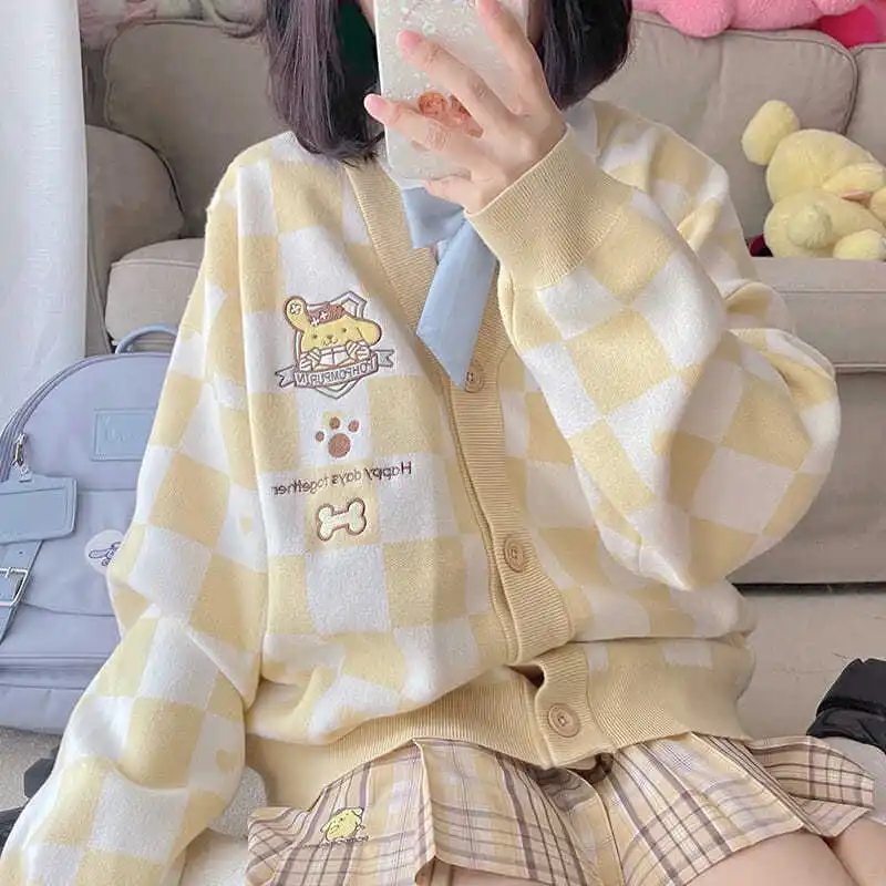 

Clothing Sanrio Kawaii Knit Sweater My Melody Kuromi Cinnamoroll Jk Uniform Chess Pattern Women's Loose Sweaterchristmas Gift