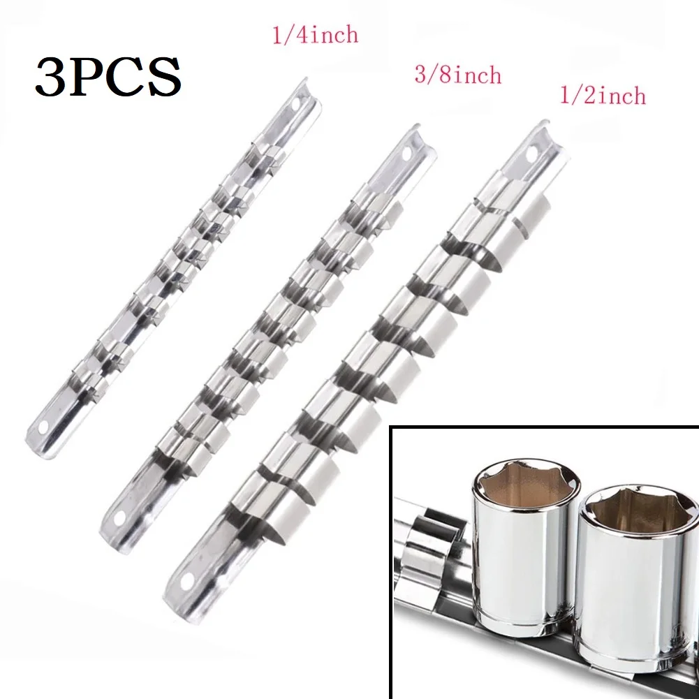 

3PCS Socket Rack Holder 1/4" 3/8" 1/2" With 8 Clips On Rail Tool Stainless Steel Sleeve Rail Socket Storage Rack