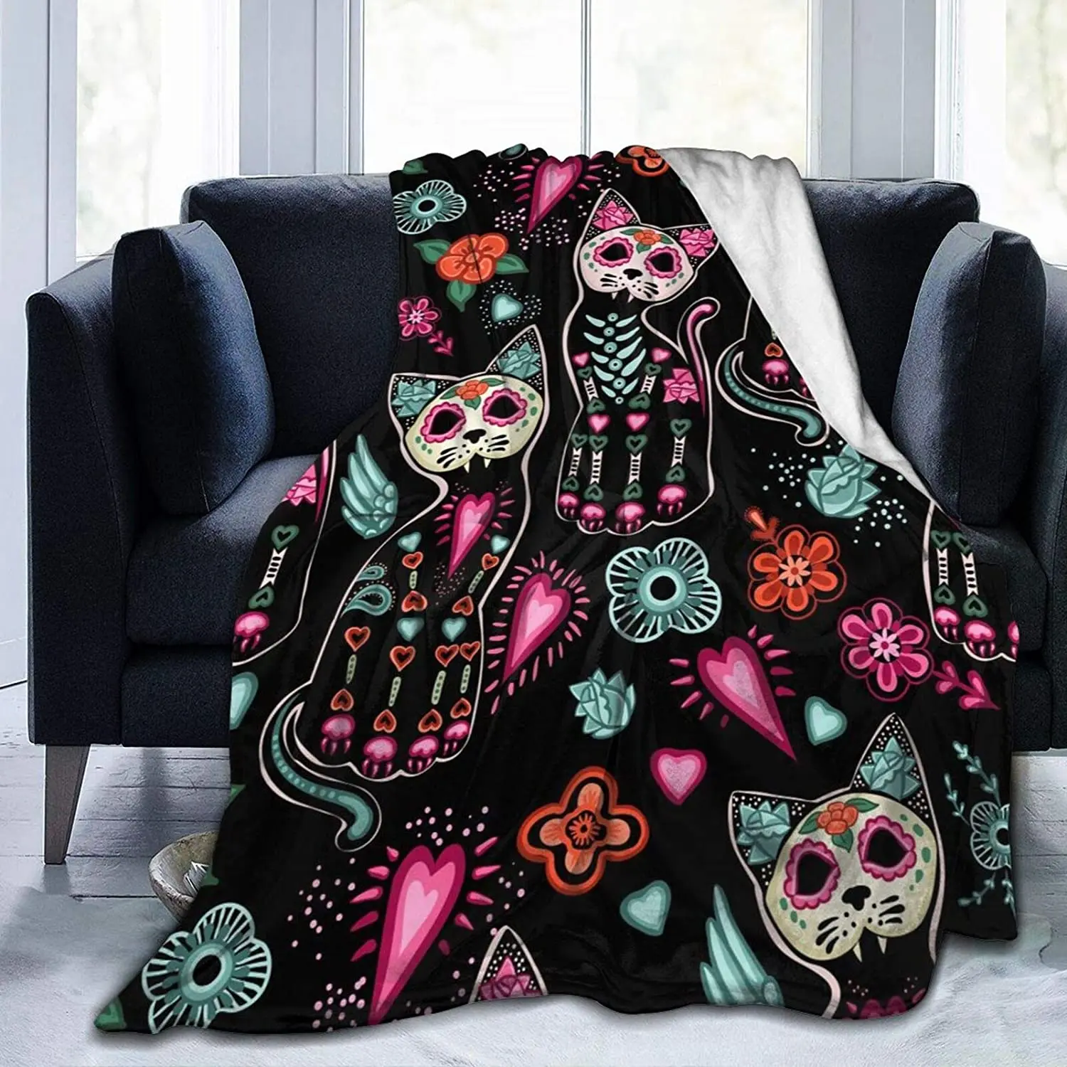 

Day of The Dead Cat Kitten Sugar Skull Throw Blanket Soft Lightweight Durable Flannel Fleece Blanket for Bed Sofa Couch Camping