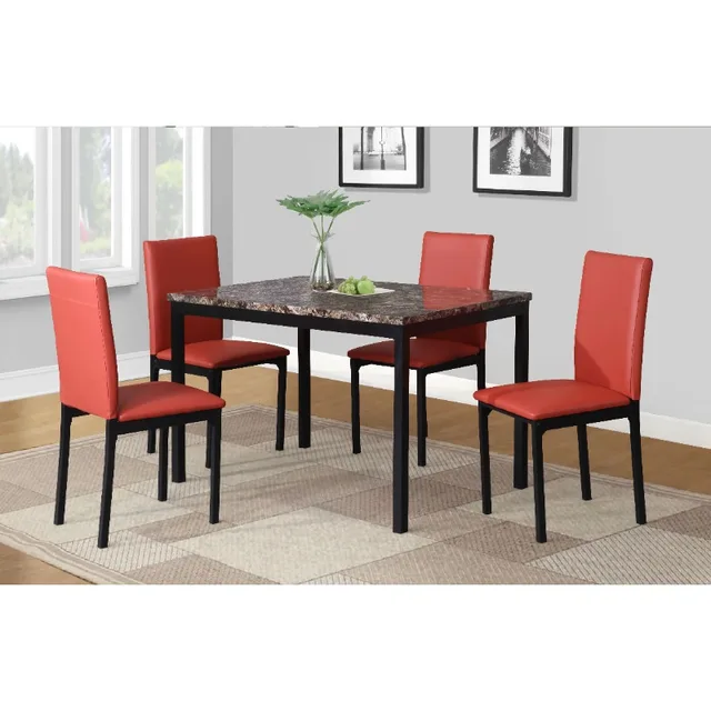 Roundhill Furniture Citico Metal 5-Piece Dinette Set with Laminated Faux Marble Top, Off White Table with Black Chairs 1