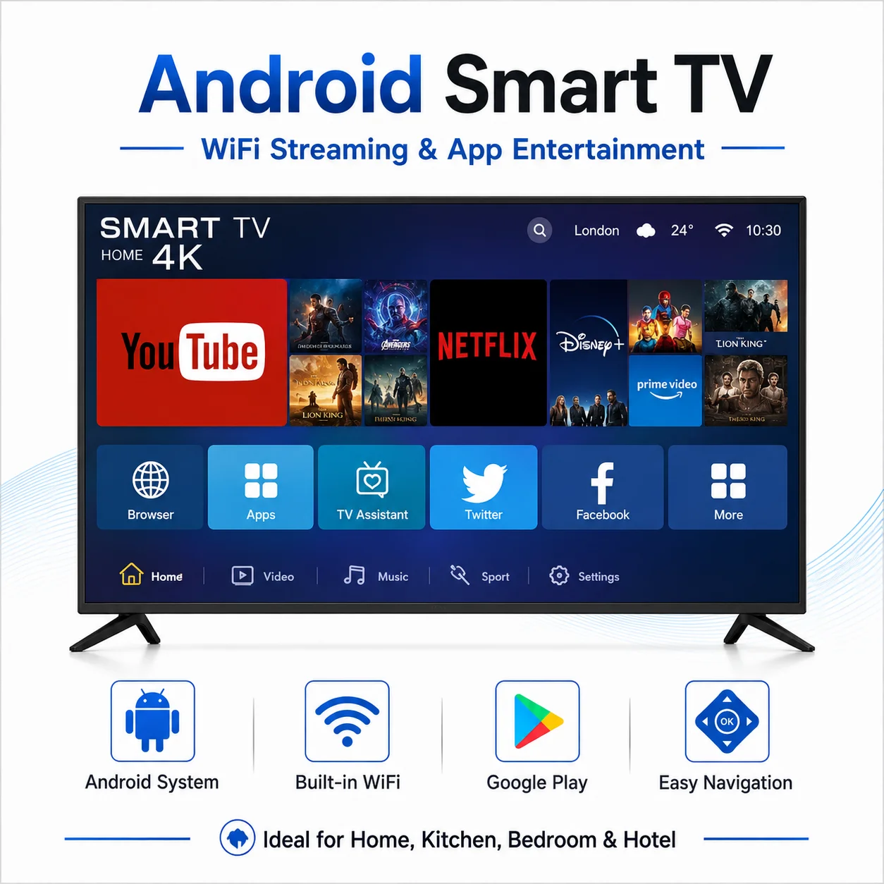 Фото NallonHU 24/32-дюймовый Android Smart TV, ультратонкий LED-телевизор с плоским экраном, Wi-Fi, Google Play, HDMI, USB, для дома и отелей. №2