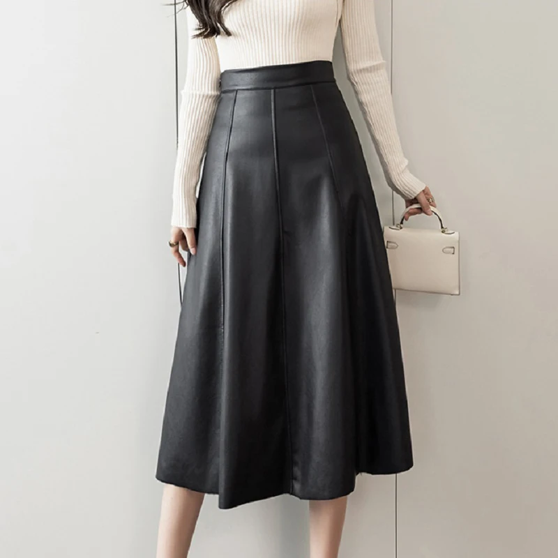 Wisher&Tong Pu Leather Skirt 2021 Autumn Winter Women's Skirts Korean Style Hight Waist Midi Black Skirt Female Clothing
