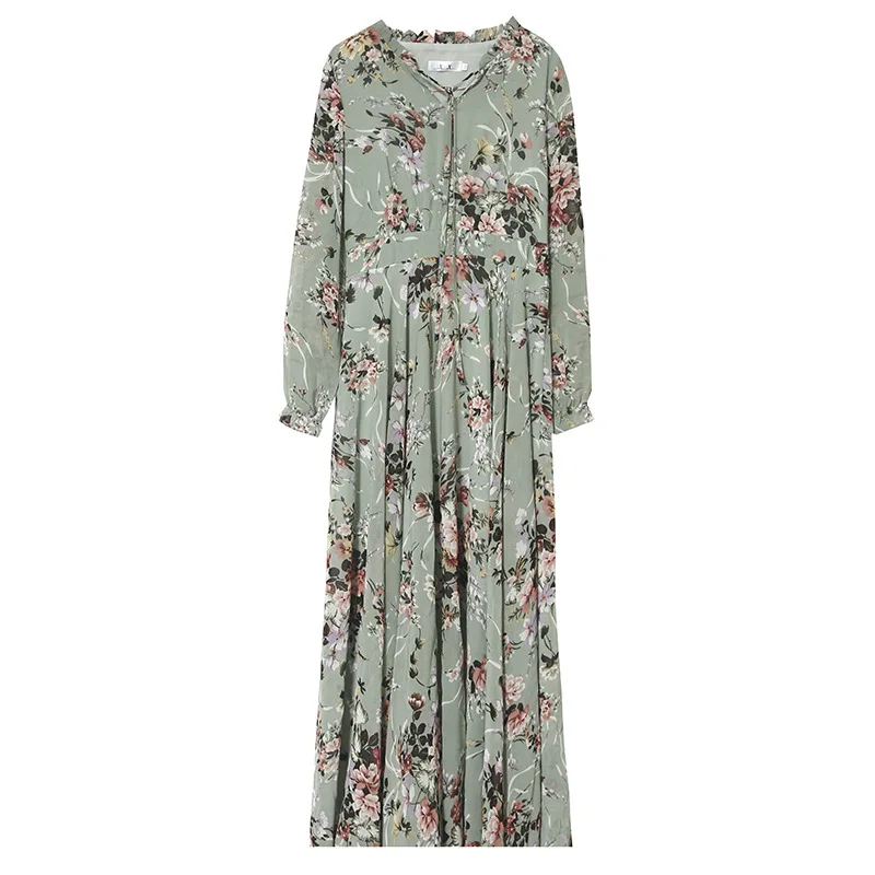 Muslim High Quality Floral Chiffon Women Maxi Dress 2023 Vintage Long Sleeve Party Dress Spring Autumn Boho Beach Muslim Dress