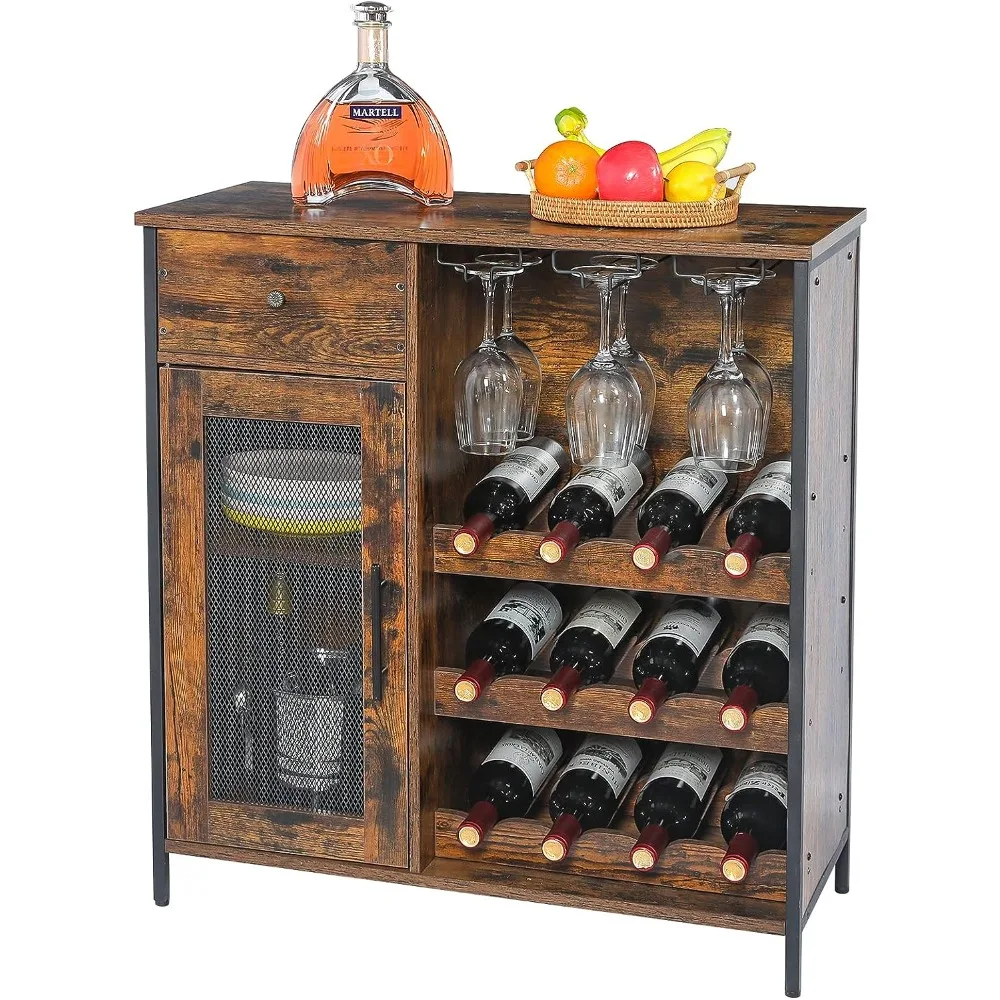 

Wine Bar Cabinet with 3-Tier Detachable Wine Rack and 1 Drawer, Industrial Sideboard and Buffet Cabinet with Glass Holder