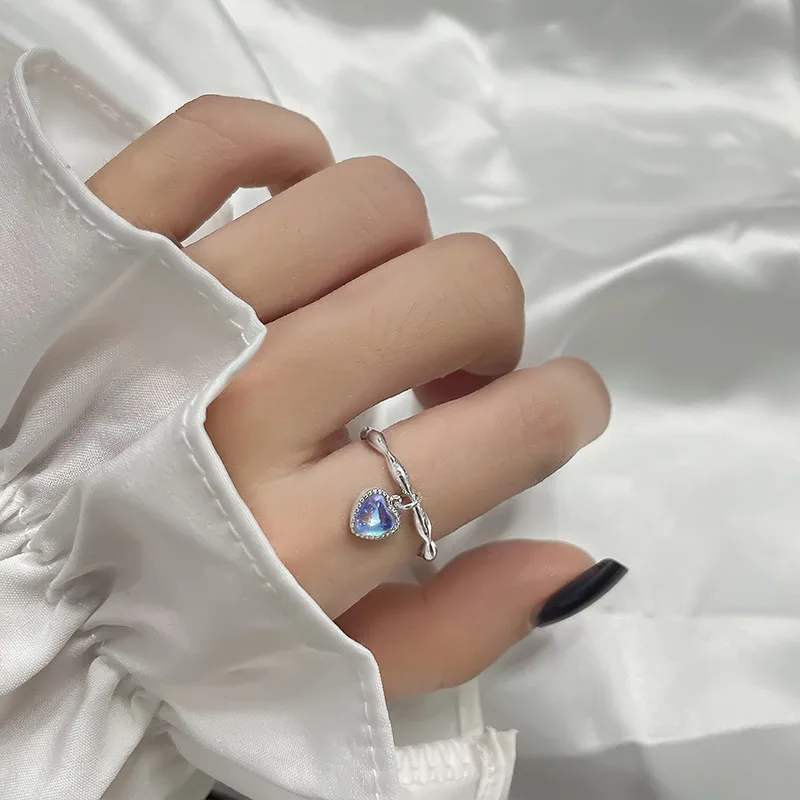 

925 Sterling Silver Moonstone Heart Rice Grain Opening Ring Index Finger for Women Girl Fashion Minimalist Jewelry Party Gift