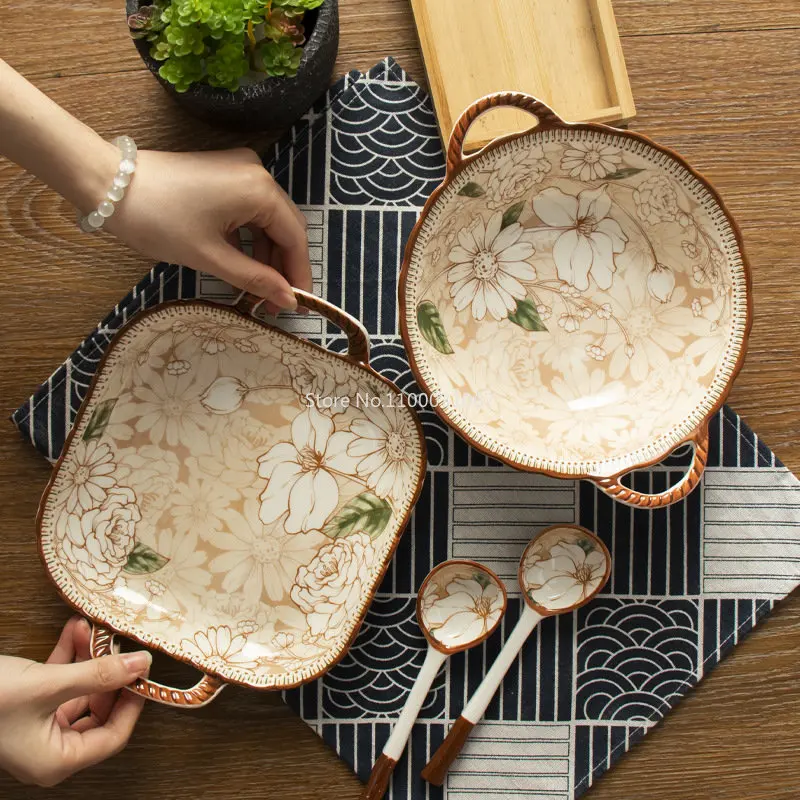 

Japanese Style Ceramic Soup Bowl With Handle Salad Pasta Bowl Household Noodle Bowl Kitchen Tableware Microwave Oven Bakware