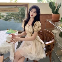 2022 summer patchwork party floral mini dresses female beach puff sleeve french fairy casual lace sexy women elegantes party