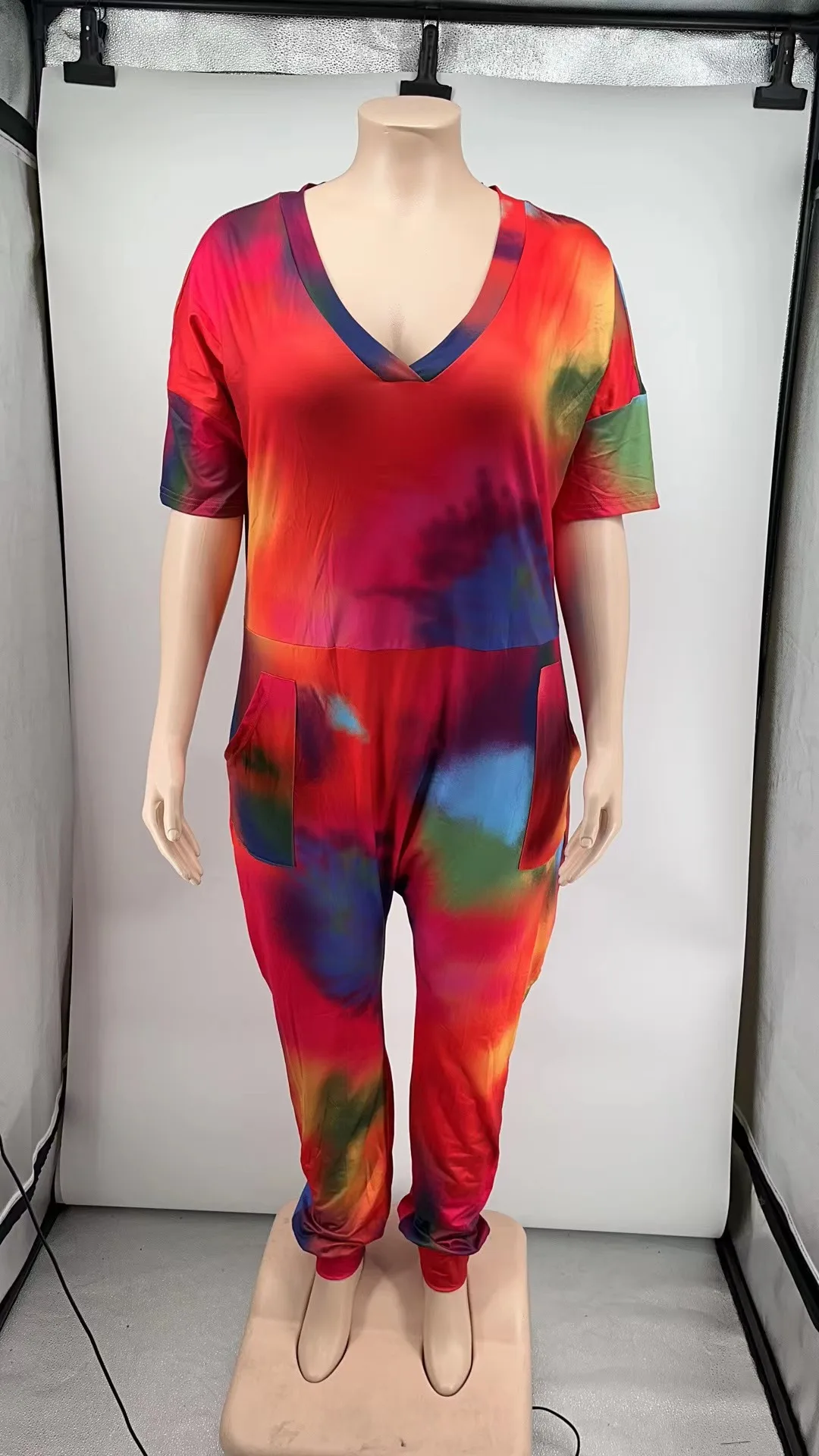 Plus Size Women Jumpsuit Tie Dye Print Pocket One Piece Cloth Female Fashion Pencil Pants  2023 Summer Lady Elegant Jumpsuits