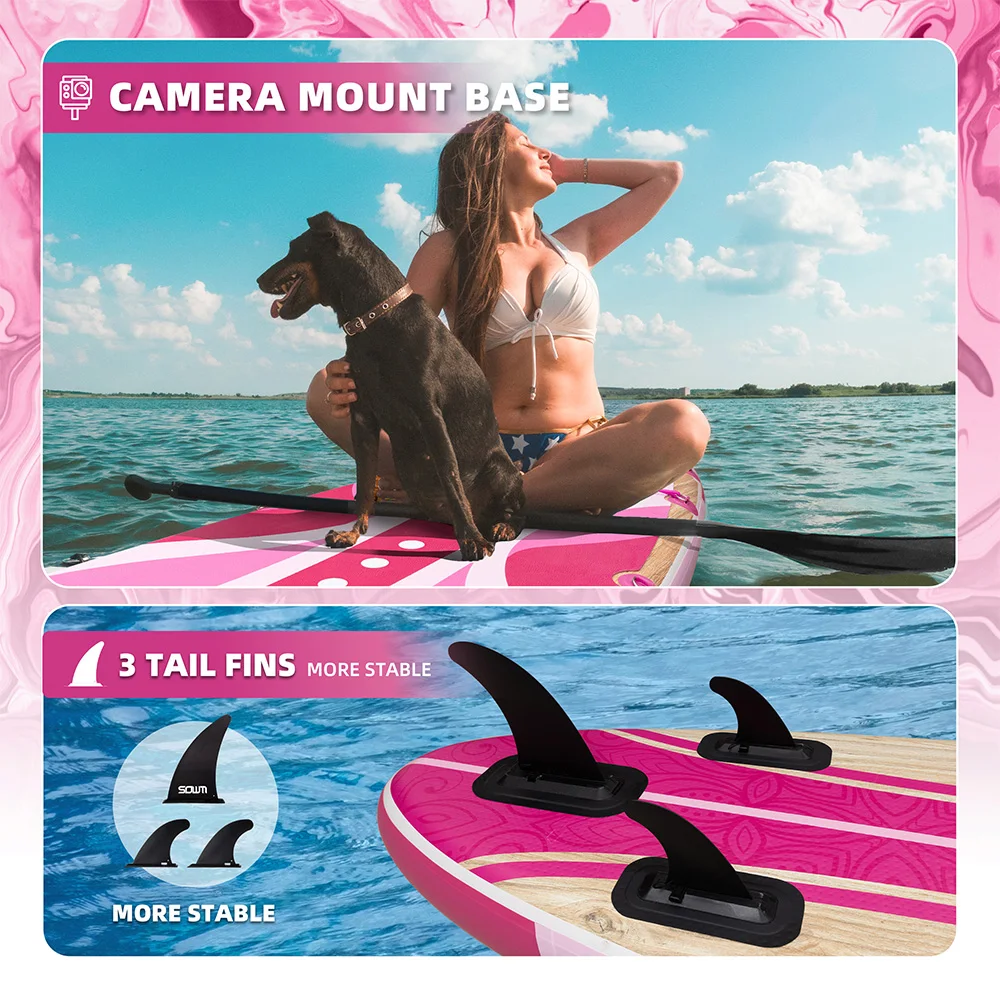Фото Надувная доска для паддлбординга SOWM Pink Waterproof SUB 11''x33''x6'' для взрослых, для стоячего использования, для рыбалки на воде, с аксессуарами, SUP №5