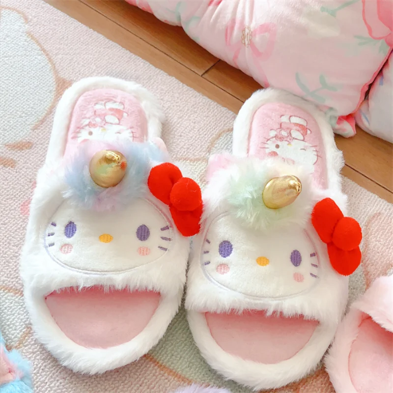 

Hello Kitty Kawaii Open Toe Cotton Slippers Girl Heart Indoor Non-Slip Floor Slippers Home Shoes