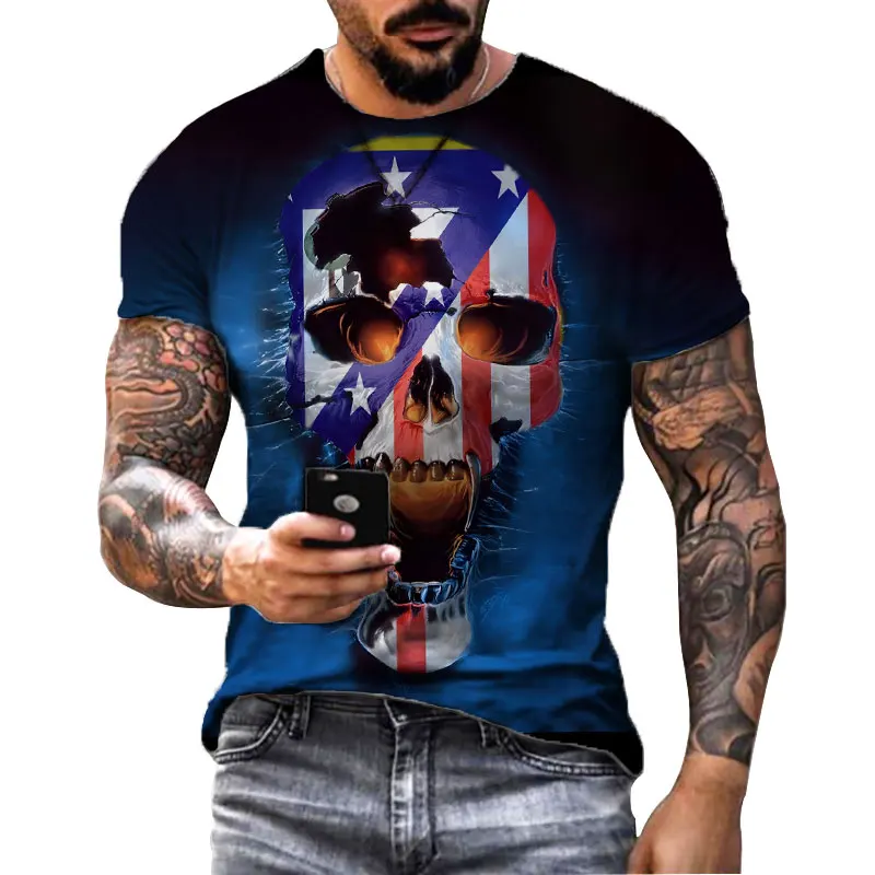 

Summer Fashion Skull T-shirt Men Punk Rock Short Sleeve 3d Printed T-shirt Retro Gothic Men's Apparel Summer футболка мужская