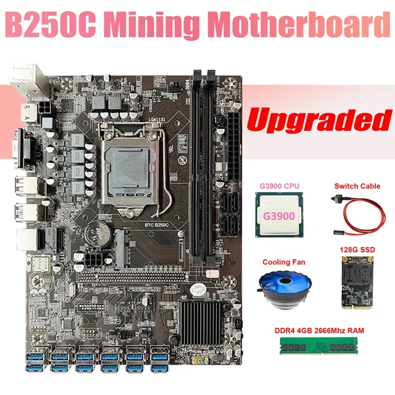 

Материнская плата B250C ETH Miner + процессор G3900 + вентилятор + DDR4 4 Гб 2666 МГц ОЗУ + 128G SSD + кабель переключателя 12USB3.0 слот GPU для BTC