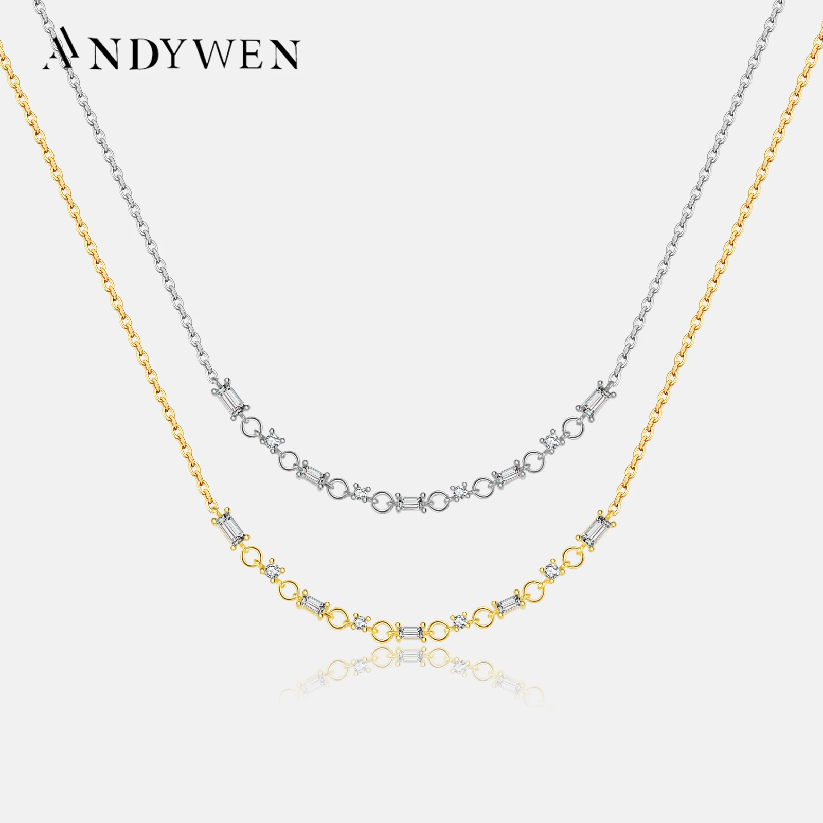 

ANDYWEN 925 Sterling Silver Gold Zircon CZ line Pendant Long Chain Necklace Fine Jewelry Crystal Jewelry 2023 Wedding Choker