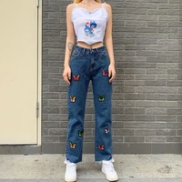 butterfly embroidery womens jeans high waist streetwear pants young ladies europe fashion straight sweet summer jeans 2021 new