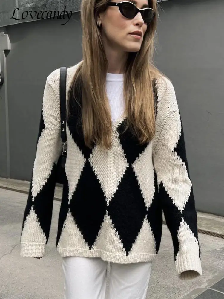 

Plaid V-Neck Women Knitted Sweater Vintage Trumpet Sleeve Female Pullover Jumpers 2022 Fashion Casual Lady Streetwear Sweaters