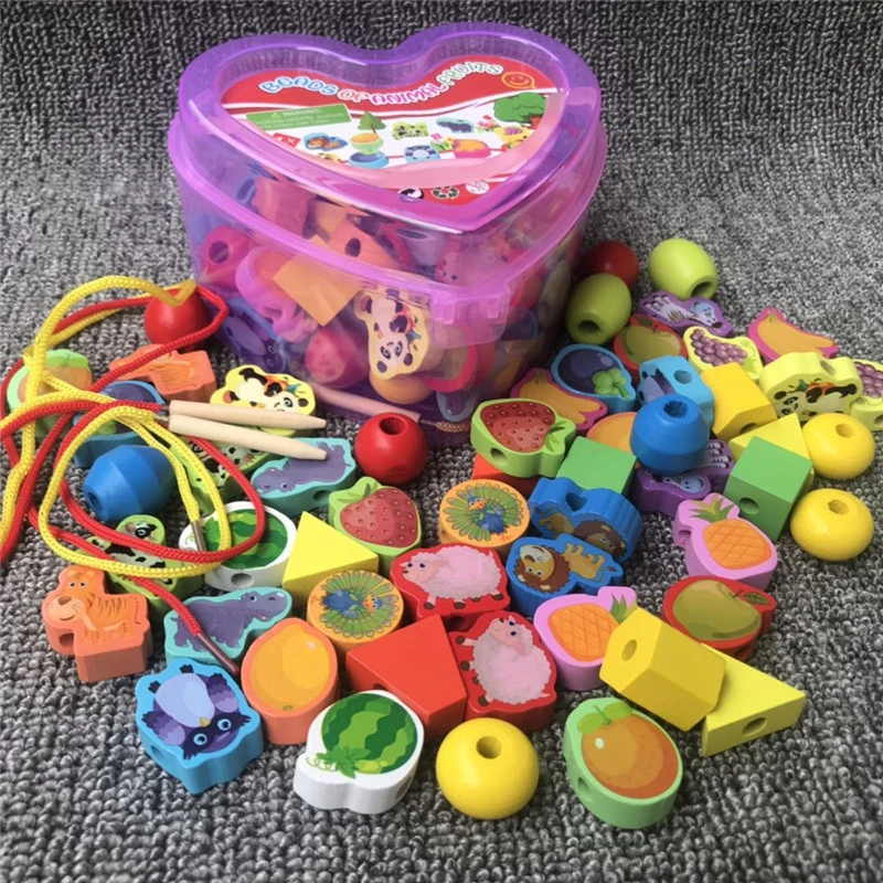 New 55pcs/Lot Baby Wooden Lacing Beads Animals Blocks Heart-shape Stringing Threading Lace Beads Box Educational Preschool Toy