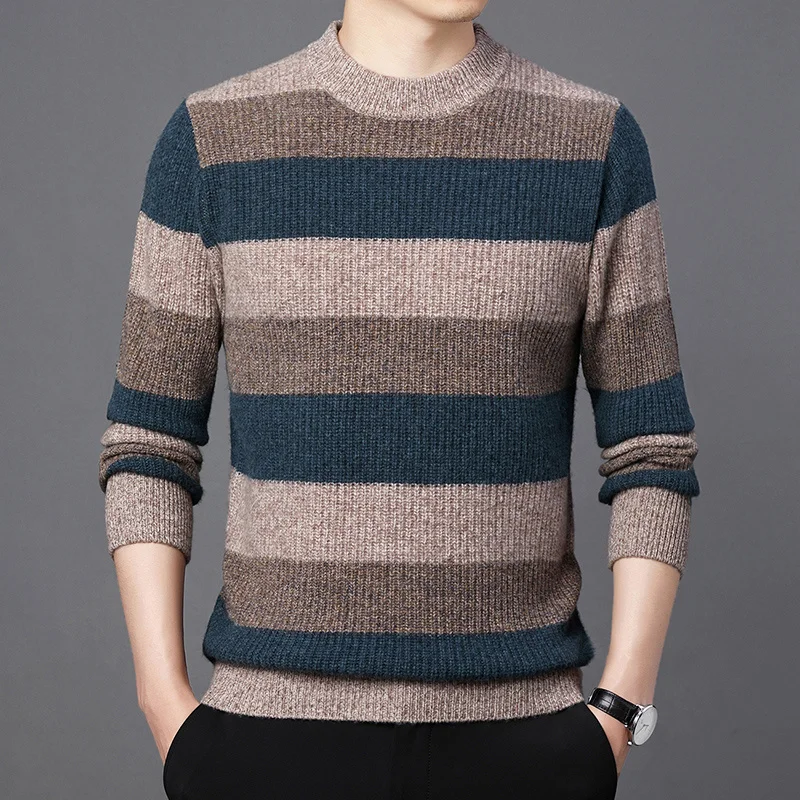 Men's Pullovers 100% Pure Wool Winter Thick round Neck Striped Korean Style Leisure Warm Sweater