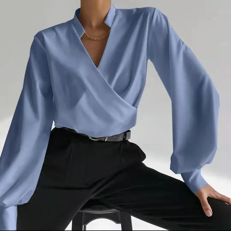 

Fashion Woman Blouses 2022 Loose Long Sleeve Top Solid Casual Commute V Neck All-match Vintage Shirt Elegant Blouses for Women