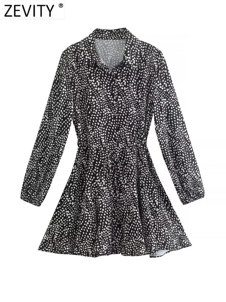 

Zevity Women Vintage Irregular Dots Print Casual Slim Mini Shirt Dress Female Chic Long Sleeve Belt Business Vestidos DS2094