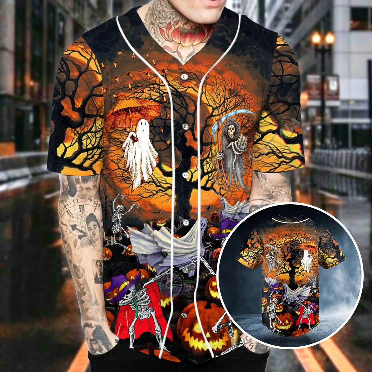 

X-SAFALA Happy Halloween Skull 3D Printed Baseball Jersey Shirt T-Shirts Top Tee Men Streetwear Short Sleeve V-Neck Hip Hop