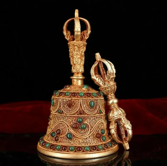 

7" China Antique Tibet silver handmade Gem inlay wire inlay vajra Dorje a set