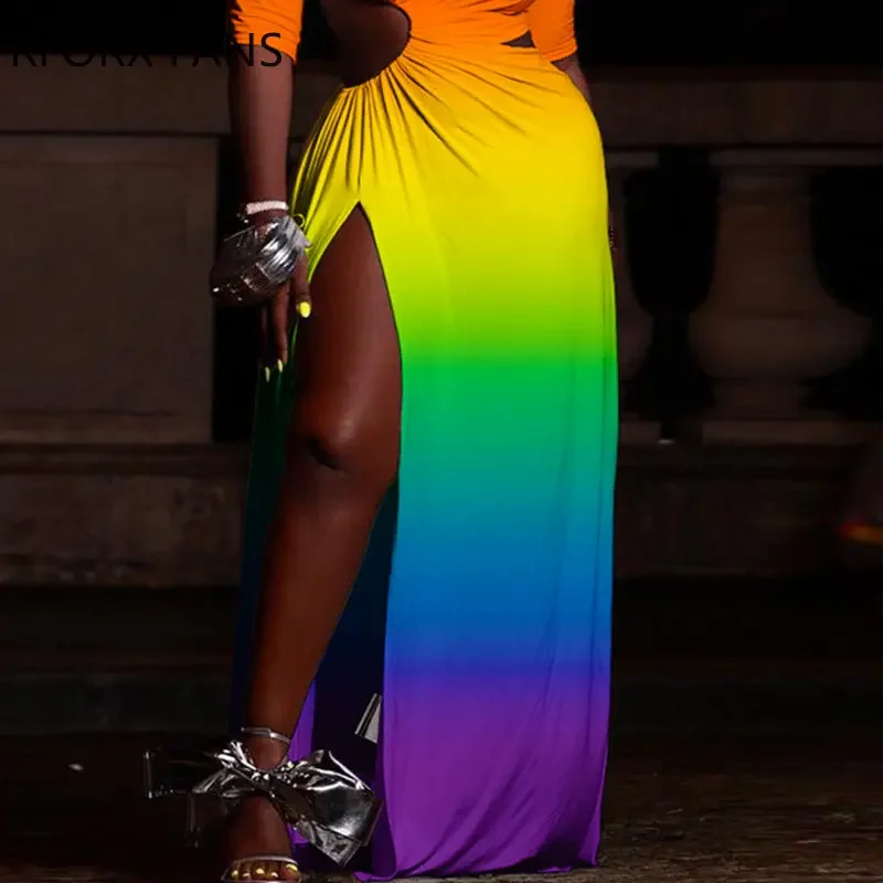 Женское Асимметричное Платье макси с длинным рукавом и принтом