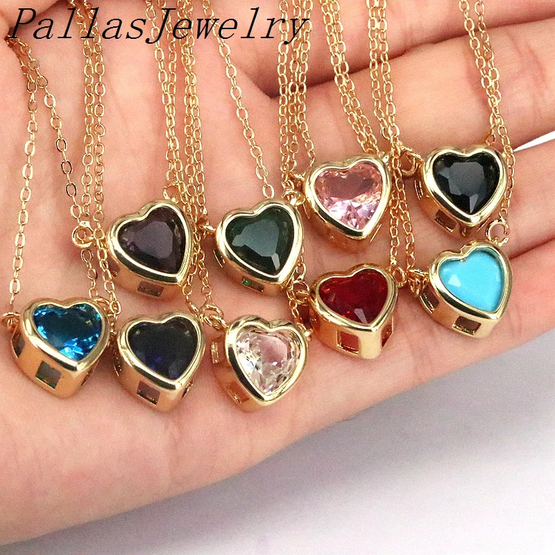 

10Pcs Elegant Sweet Heart Crystal Zircon Stone Pendant Necklace Colorful Jewelry Luck Copper Gold Chain Necklaces for Womem