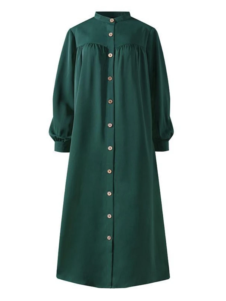 S-5XL Muslim Dress Women Hijab Shirt Dress Long Sleeve Maxi Vestidos Female Button Robe Femme Musulman High Wasit Solid Sundress